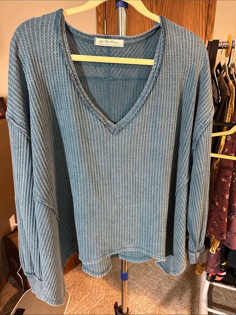 Free People Dusty Blue Coraline Waffle V-Neck Pullover   Oversized